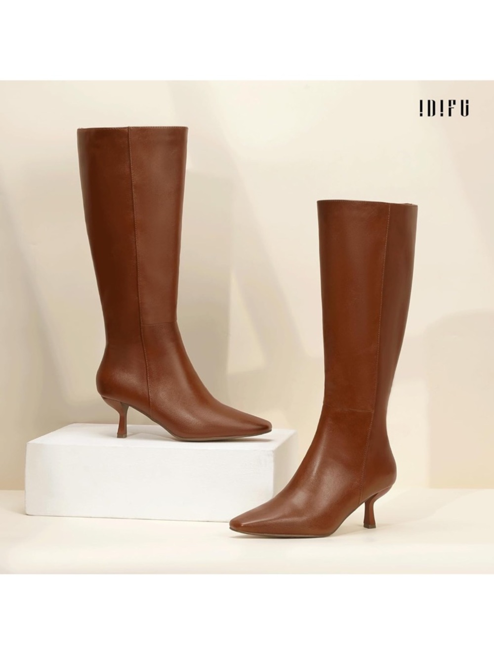 Idifu Classic Brown Leather Knee-High Kitten Heel Boots - Women